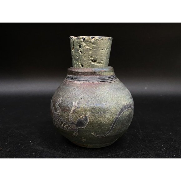 J. Diller Raku Southwestern Art Pottery Vase Jar Gecko Lizard Cork Stopper - Picture 8 of 9